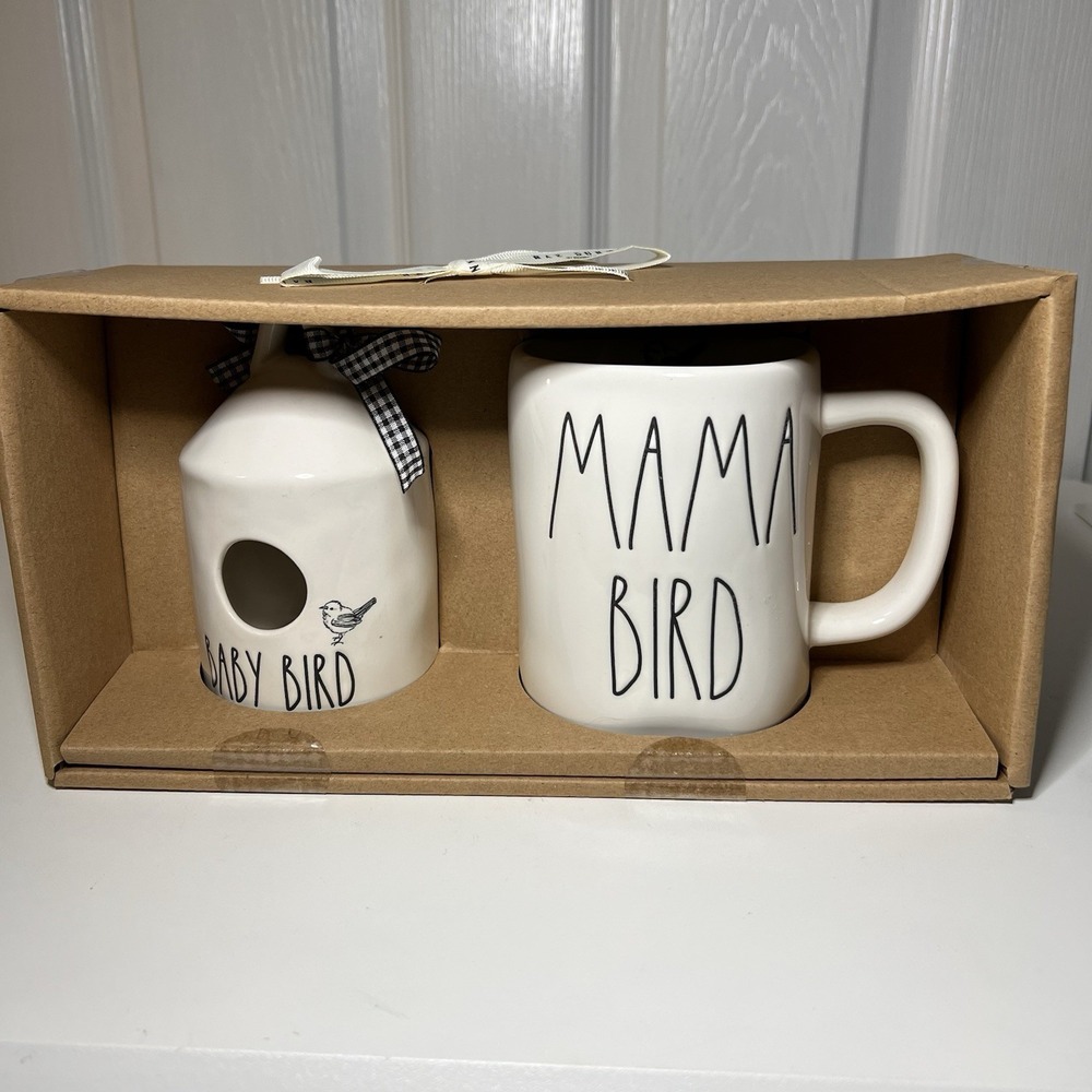 Rae Dunn Mini Baby Bird Birdhouse and Mama Bird Mug‎ Set-New In Box